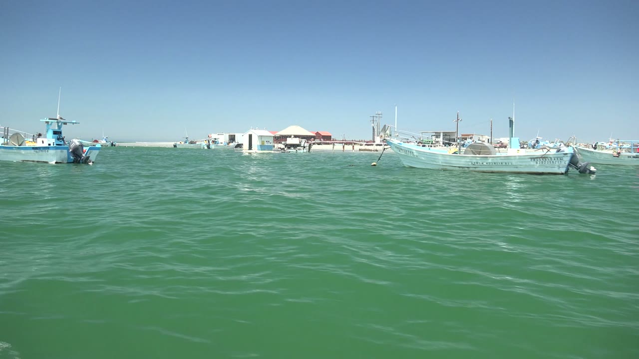 A blue fishing boat appears to the right of center while other anchored boats line the horizon over green water in La Bocana, with no visible people.