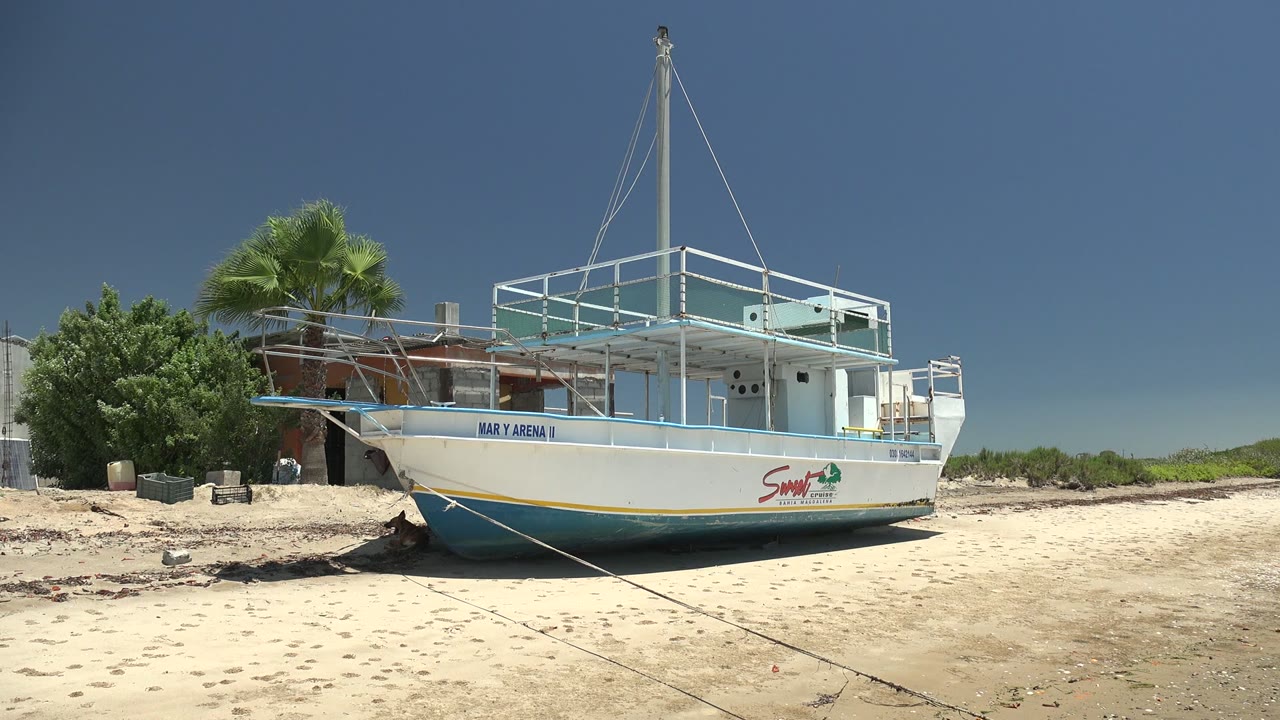 At 0:02 in San Carlos, Baja California Sur, the white boat sits unchanged on the beach, with its mast rising into a clear sky, a rope in the sand, greenery along the rear of frame, and no visible people.
