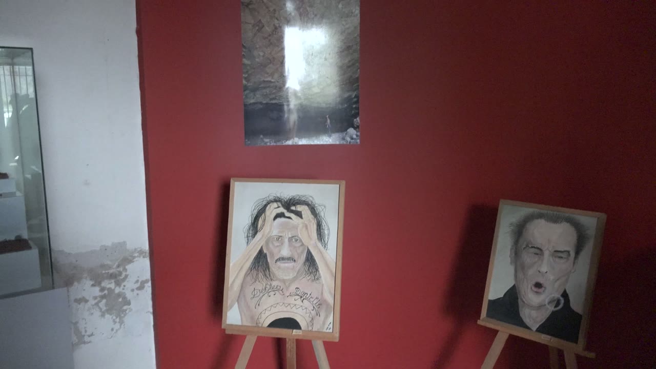 Frame at 0:02 in Mulege shows the red exhibition wall with both portrait paintings on easels, the upper reflective artwork, a left-side mirror reflection, and no visible people.