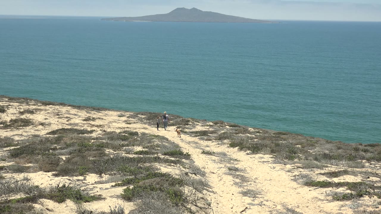 A person and dog continue along the dune path in San Quintin, Mexico, with turquoise water behind them and low island forms visible across the horizon.