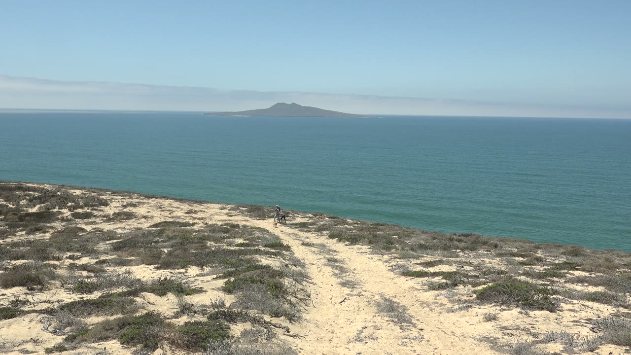 San Quintin, Mexico coastal cliff path with dry scrub in the foreground, calm blue-green ocean beyond it, a distant island on the horizon, and a small person visible near the slope.