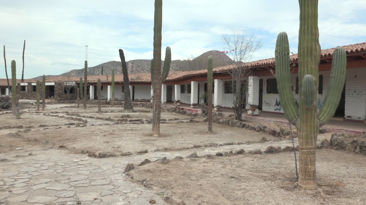 The Mulege courtyard appears from a slightly shifted angle, showing several upright cacti, a white building row, red roof tiles, stone paths, hills, and no visible people.