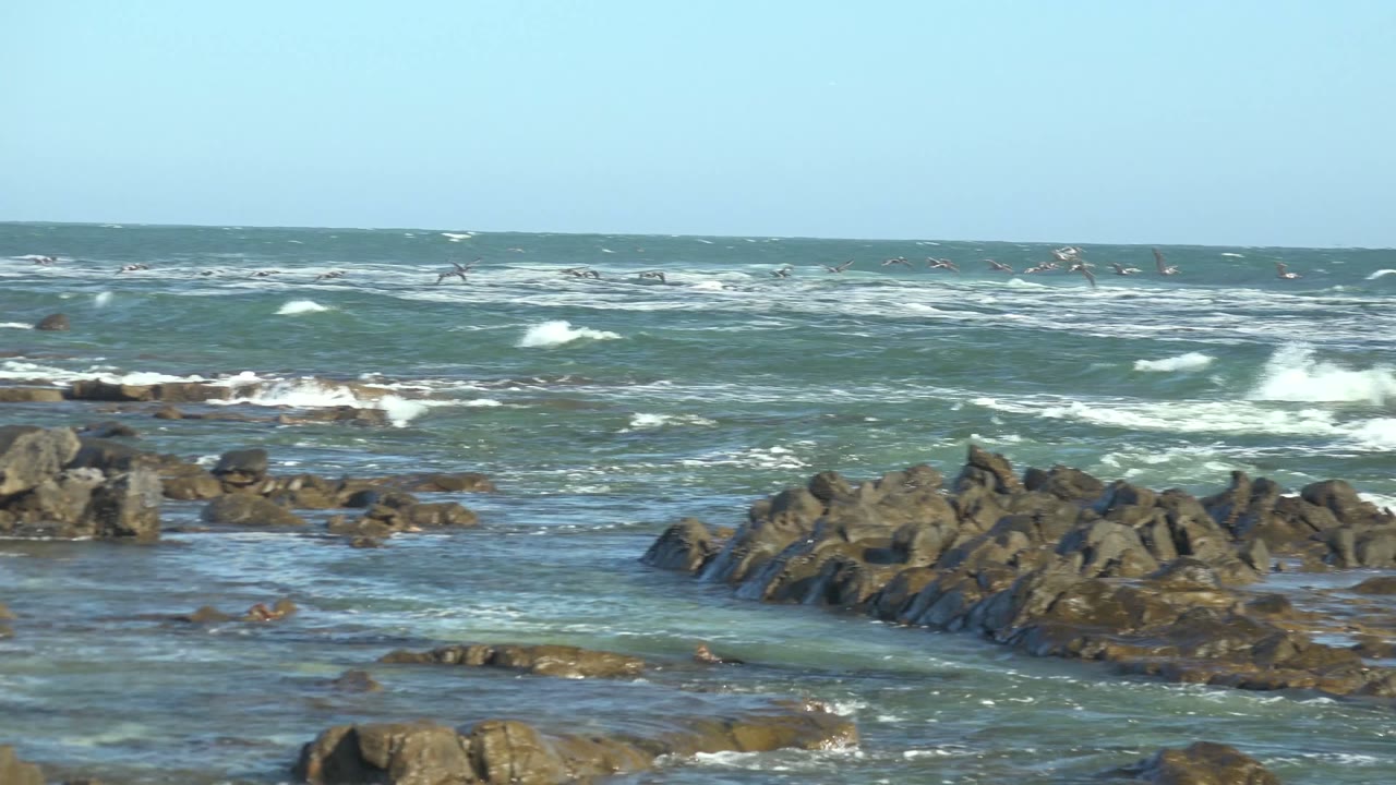Wide view of waves breaking around dark rocks at La Bocana, Baja California Sur, Mexico, with seabirds flying over the surf and no visible people.