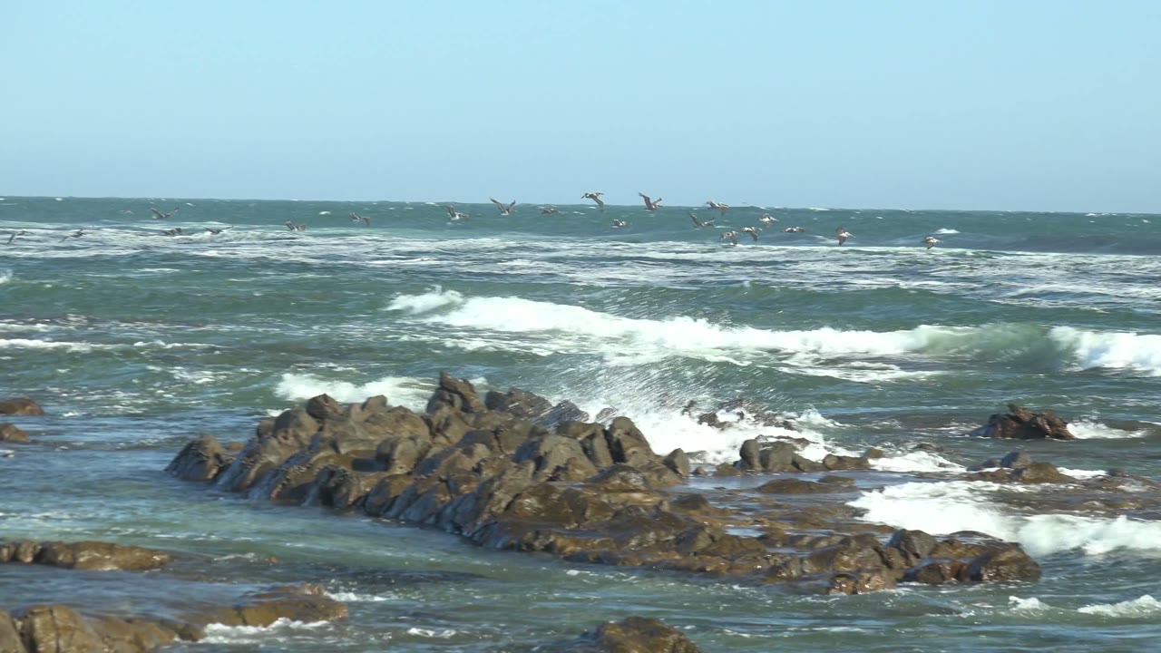 White surf rolling across ocean rocks under a clear sky.