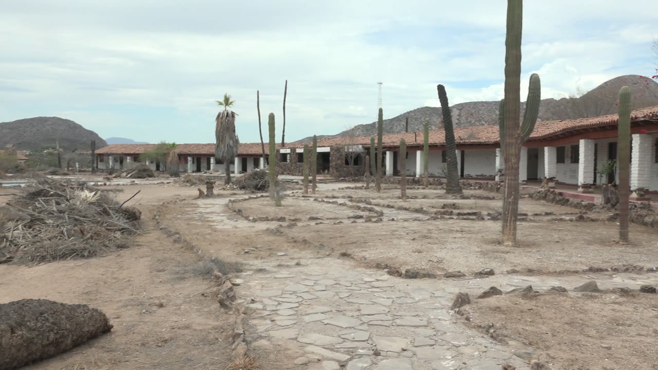 Stone path through sandy desert yard with cacti and red-roofed buildings.