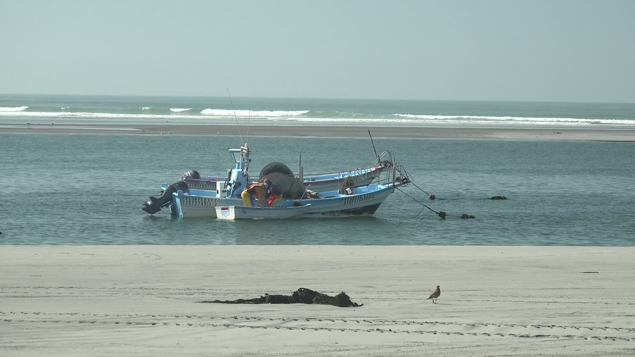 At 0:00 in La Bocana, Baja California Sur, a blue fishing boat rests in shallow water beyond pale sand, with white surf breaking in the background and no visible people.