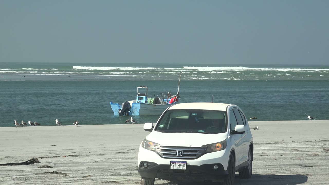 A white Honda SUV sits near the center-left of a sandy La Bocana beach frame, with a small blue boat near shore, gulls on the sand, low ocean waves, clear sky, and no visible people.