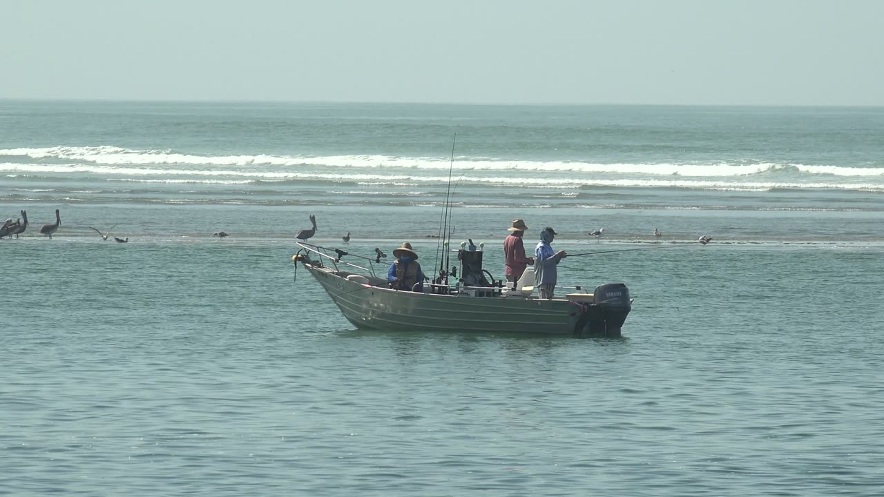 At 0:00 in La Bocana, Baja California Sur, several anglers stand and sit in a small boat while fishing rods rise above calm water and birds cluster near the breaking surf.