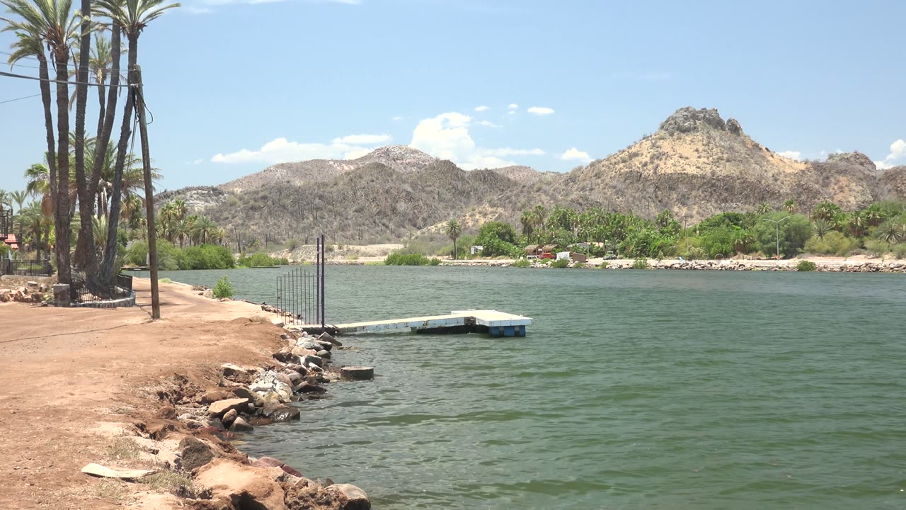 Wide Mulege waterfront frame with a sandy rocky shore at left, green-blue water, a small dock near center, palms on the edge, distant mountains, and no visible people.