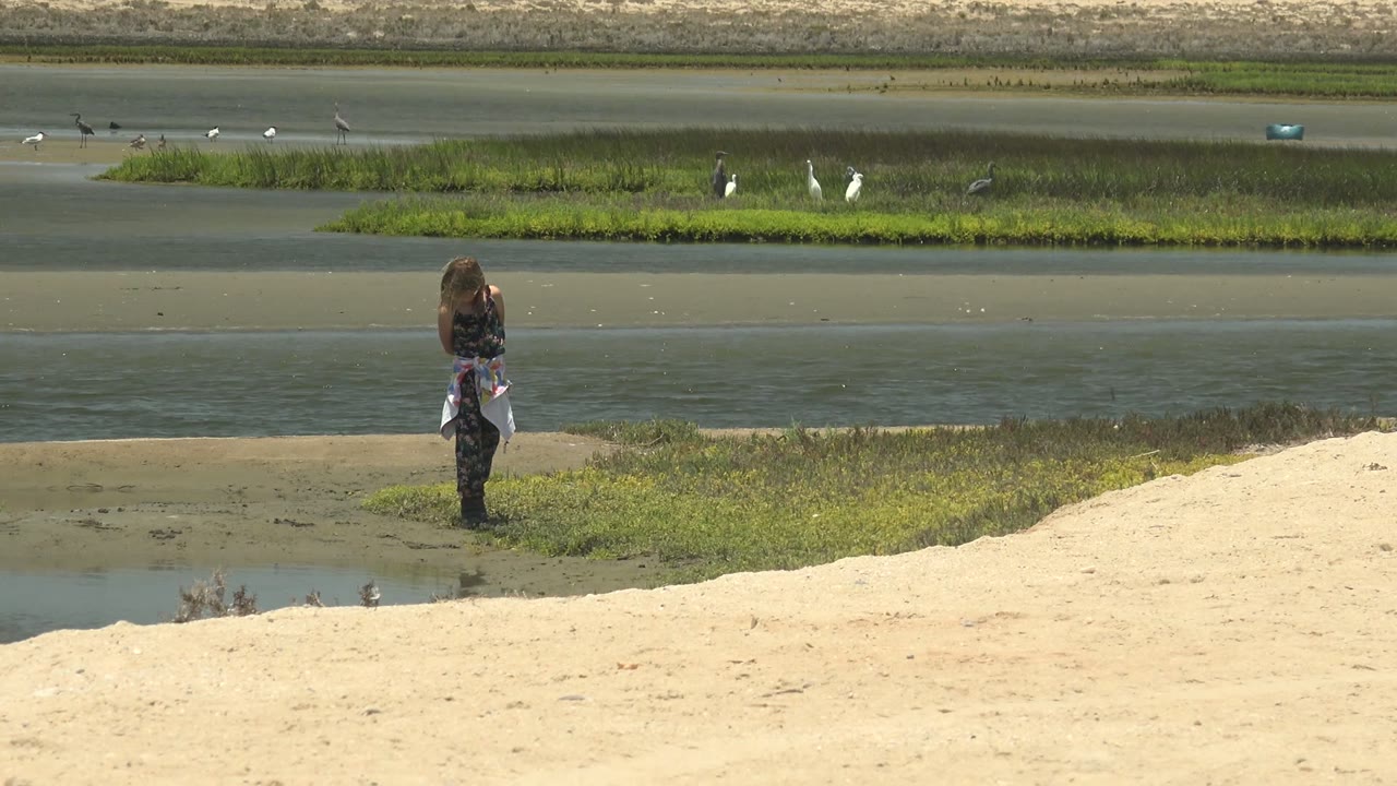 At 0:02 in Guerrero Negro, the child stands near the center-left edge of a grassy patch, with shallow water bands and birds stretching across the background.