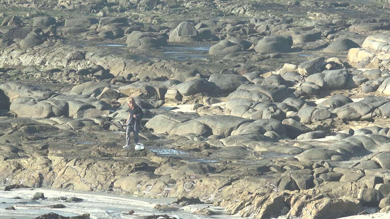 A person stands on the rocky shore in La Bocana, Mexico, with a white bucket nearby and foamy surf visible along the lower edge of the frame.