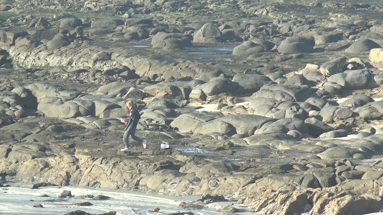 Person on coastal rocks with bucket beside a small tide pool.