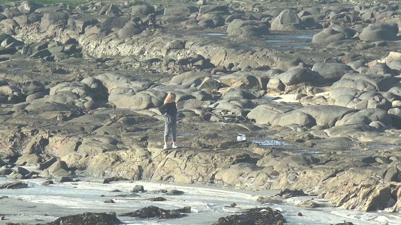 At La Bocana, Mexico, a woman stands on gray rocks beside shallow tide pools, with pale surf and dark seaweed visible below her.