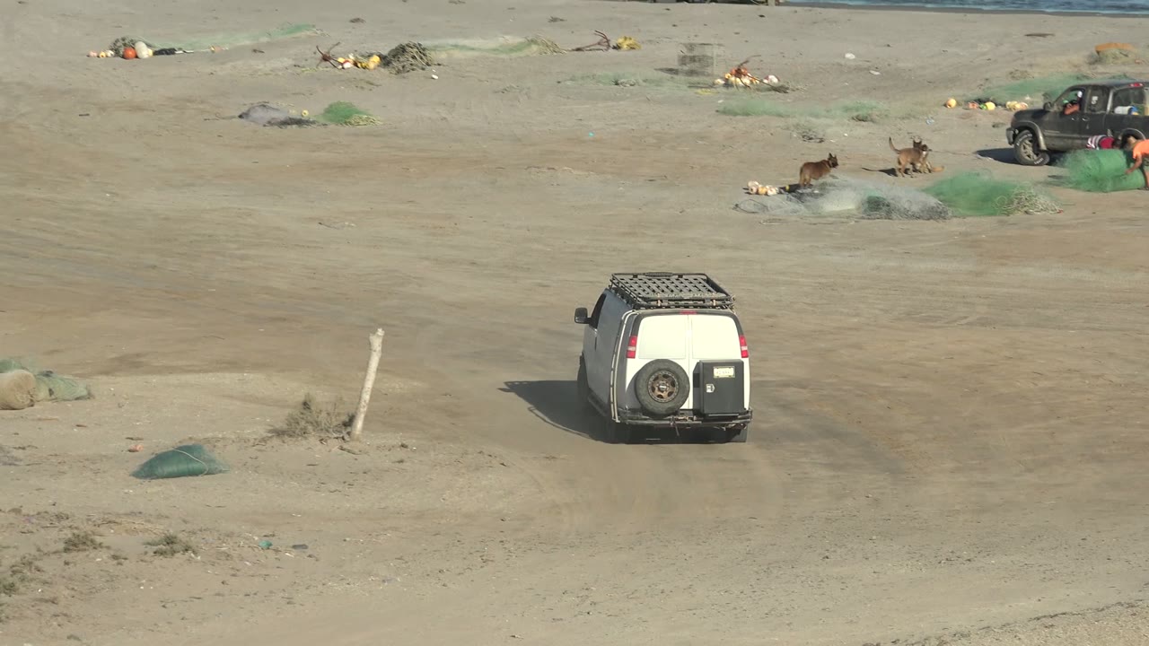 White SUV continues along the sand in San Juanico while dogs stand near green nets and fishing gear across the upper beach, with distant people near parked vehicles.