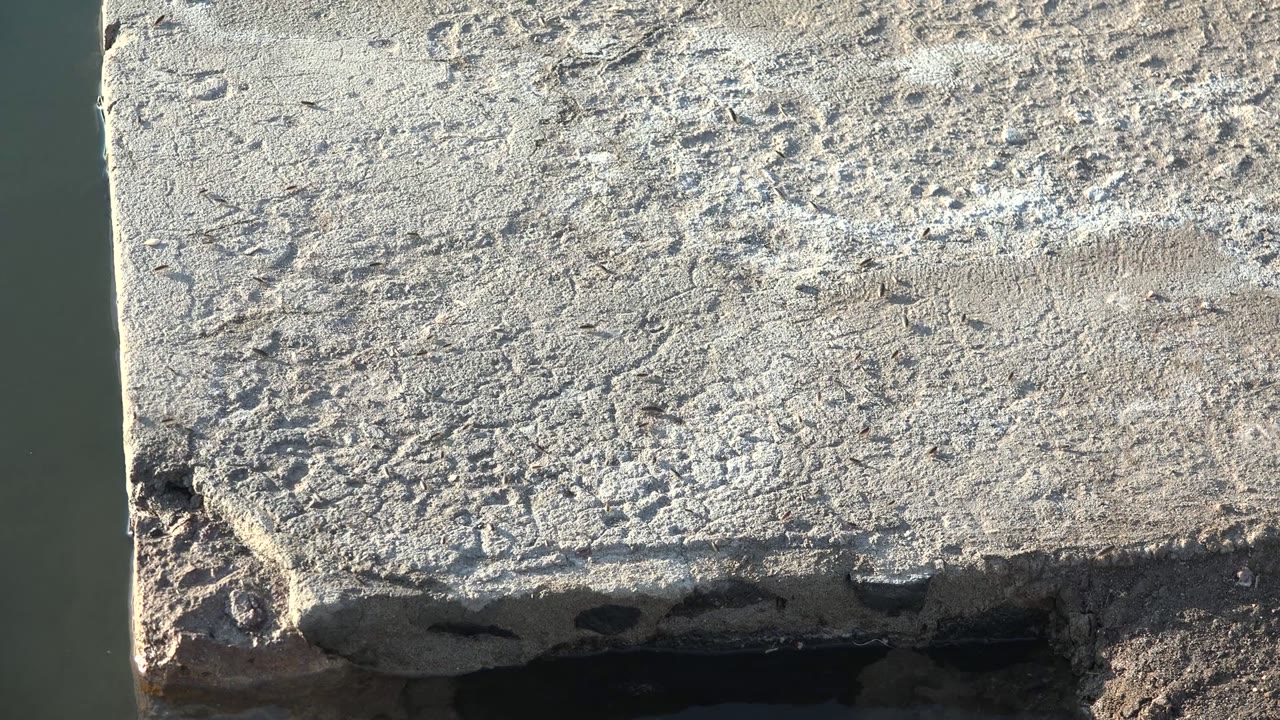 At 0:02 in Mulege, Baja California Sur, the concrete corner and lower lip stay prominent as dark water borders the slab, no visible people.