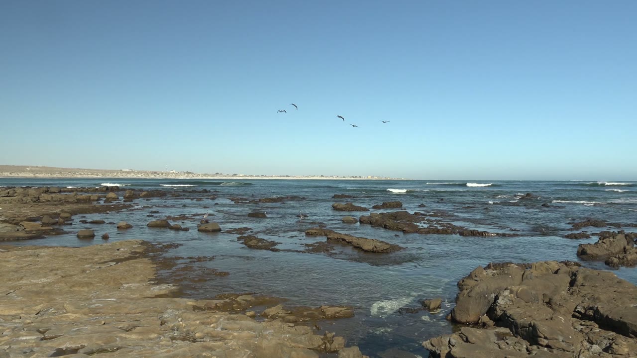 Wide view of La Bocana rocky tide pools with a large foreground rock, distant white surf, birds high in the clear blue sky, and no visible people.