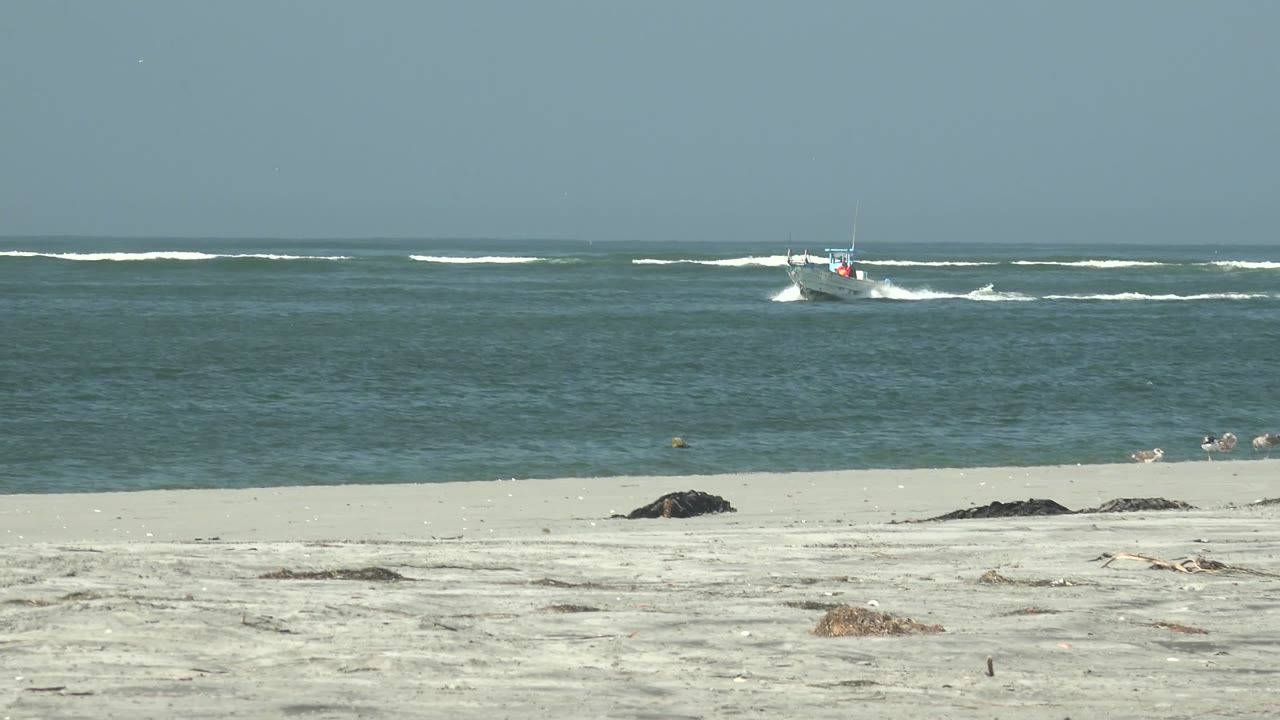 Boat moving across blue-green ocean near shore.