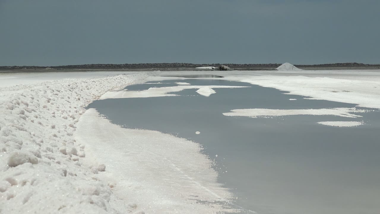 Salt-crusted path beside pale water on a flat white landscape.