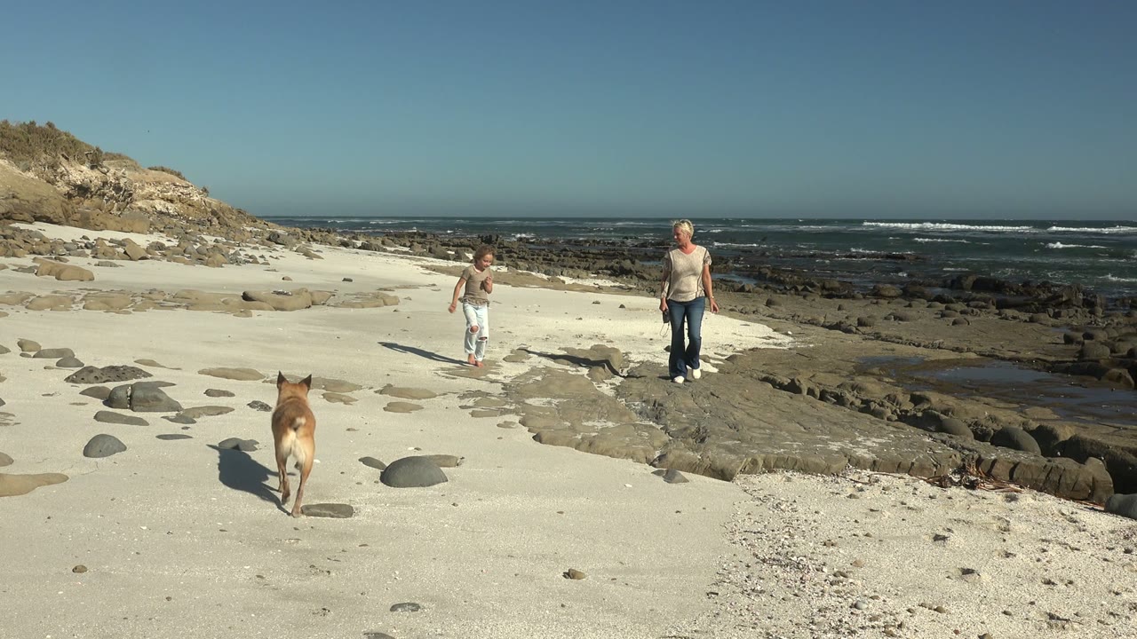 At 0:02 in La Bocana, Mexico, the dog is fully in the sandy midground behind the child and adult, with surf breaking over dark rocks in the distance.