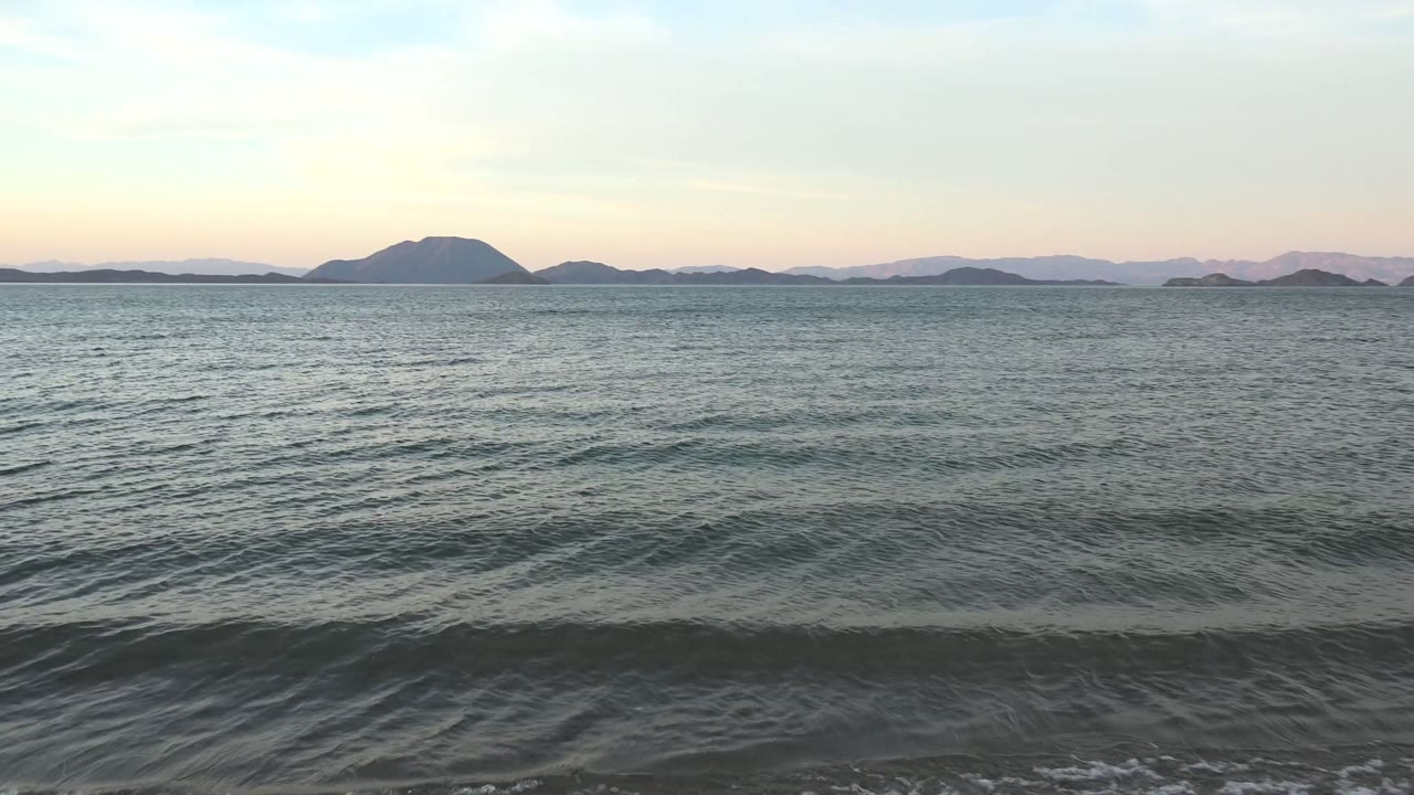 Gentle gray-blue waves rolling toward a dark sandy shore.