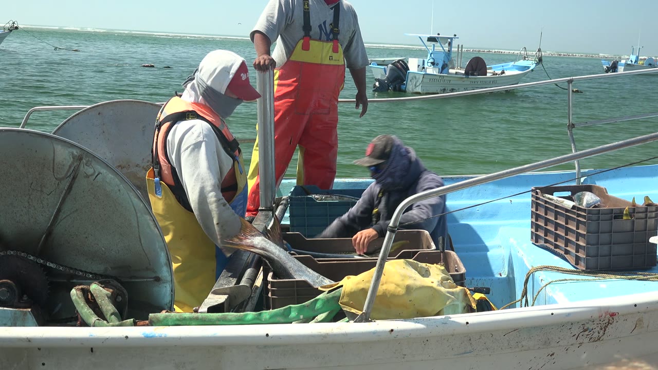 At 0:02 in La Bocana, the seated worker in a dark hood faces the deck while two fishermen in waterproof overalls stand near the reel and railings.