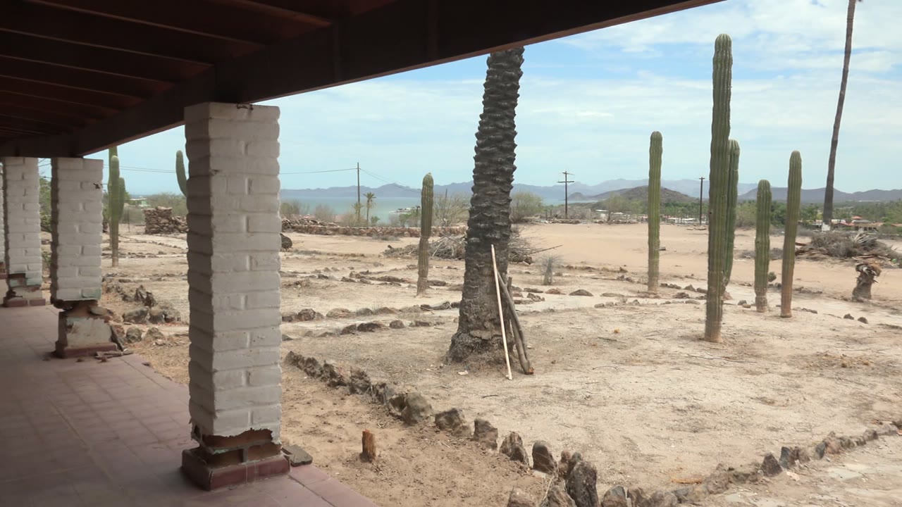 At 0:02, a white brick column and roof edge frame a sandy Mulege desert area with a prominent palm trunk, several tall cacti, scattered stones, distant mountains, and no visible people.