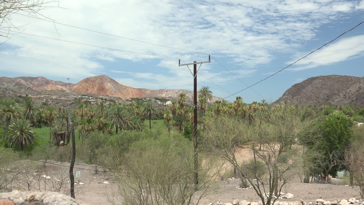 Wide view of a Mulege, Baja California Sur desert valley with dry brush in front, green palms below the mountains, a telephone pole, power lines, clouds, and no visible people.