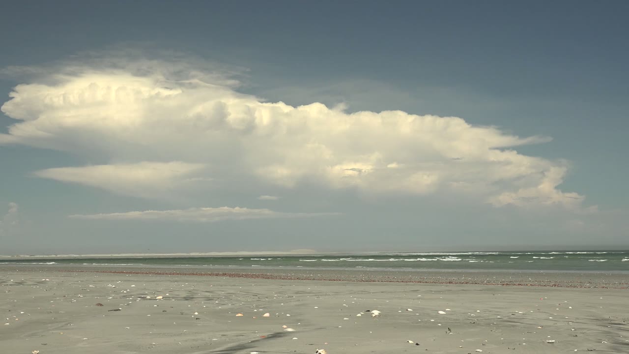 Opening frame of La Bocana, Baja California Sur beach with scattered shells on wet sand, low ocean waves, a broad bright cloud, and no visible people.