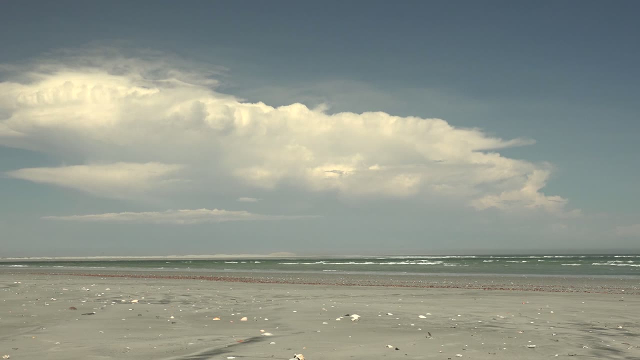 Shell-strewn sand facing low waves beneath a bright cloud bank.