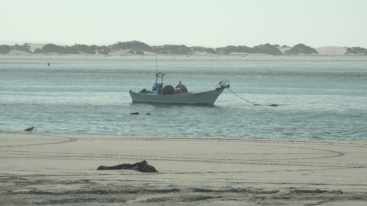 Anchored small boat offshore with pale water, sandy foreground, and dunes behind.