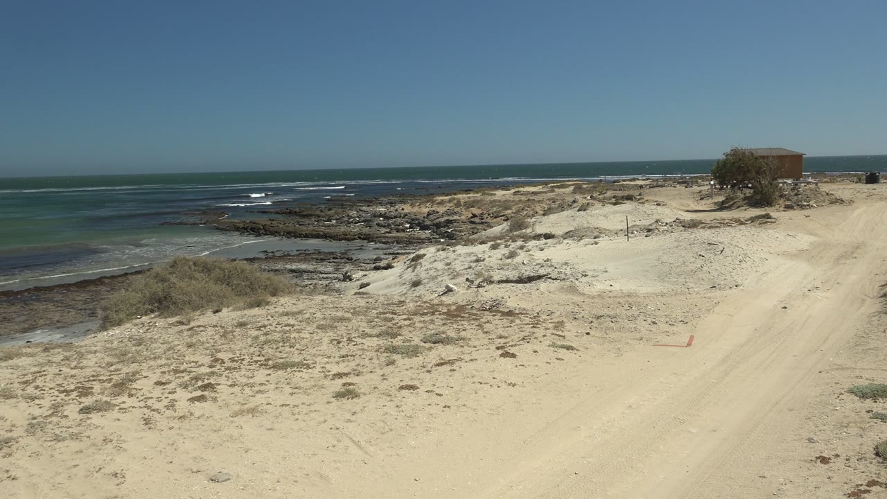 Beach path and rocky shoreline with ocean waves