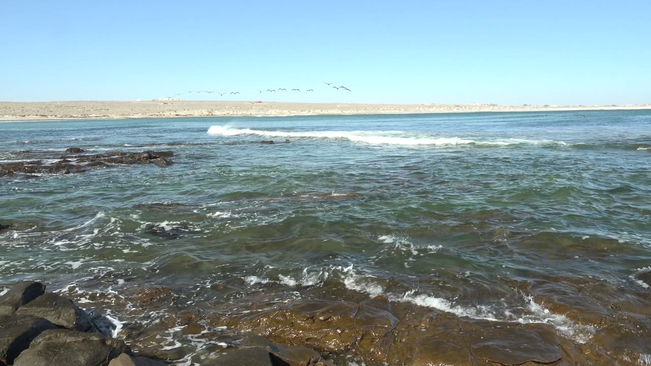 At La Bocana in Baja California Sur, green-blue water breaks over dark foreground rocks while birds fly across a clear sky above a low sandy horizon, with no visible people.