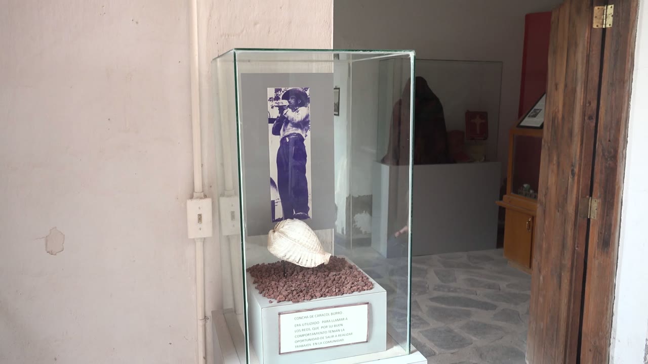 Glass display case in Mulege, Baja California Sur holds a white seashell below a purple-toned photograph, with a stone floor and wooden door in the background and no visible people.