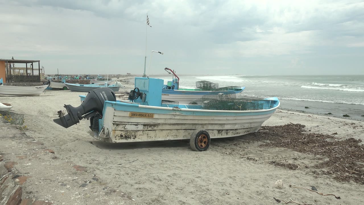 The weathered white hull and blue trim sit closest to camera, with mesh or gear inside the boat, distant boats along the shore, gray overcast light, and no visible people.