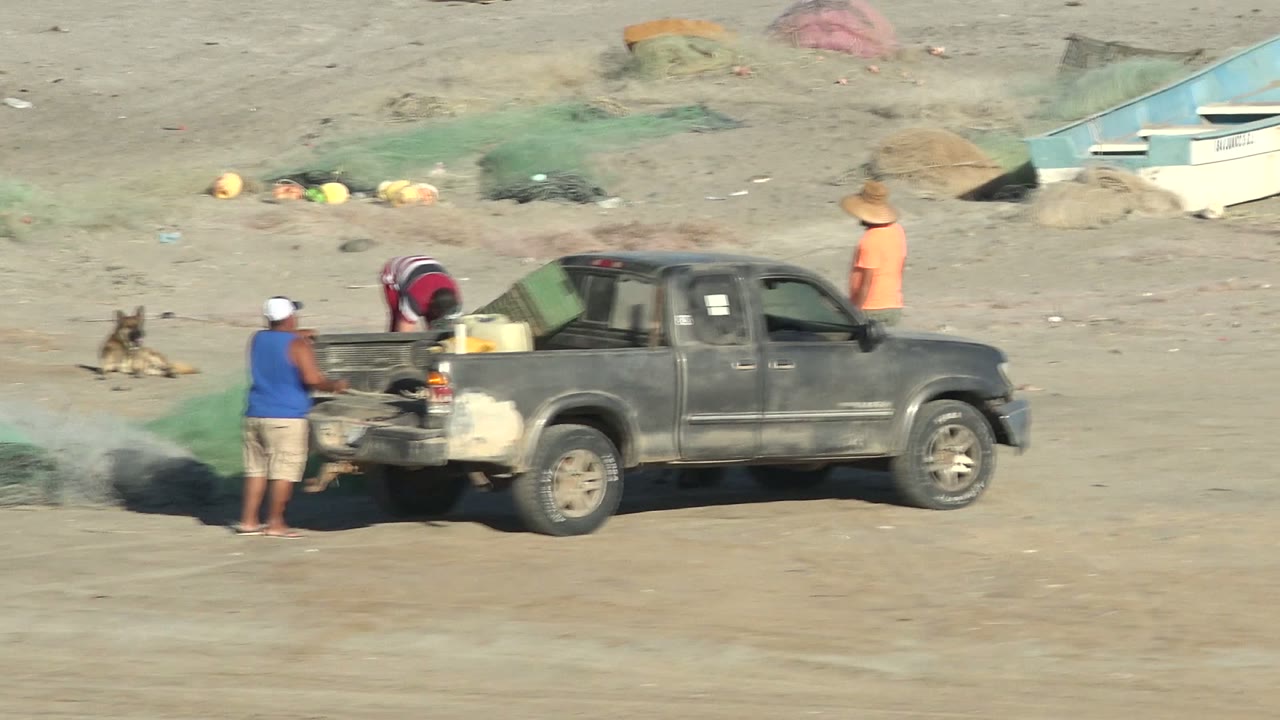 At 0:00 in San Juanico, Baja California Sur, men stand around a dark pickup truck as green netting trails on the sand and a dog lies nearby.