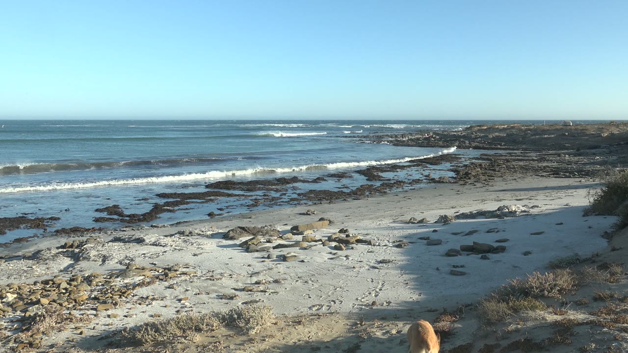 At 0:02, the La Bocana coast shows white surf breaking beside dark exposed rocks, with a broad blue sky and no visible people.