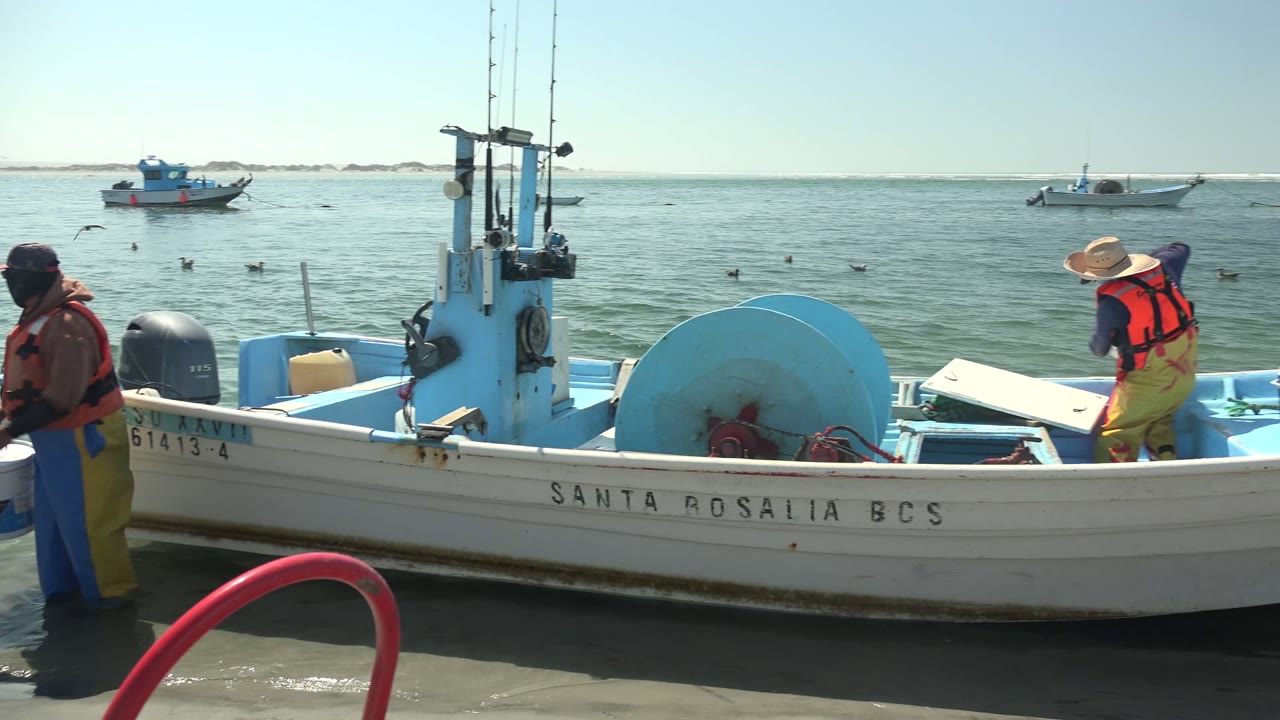 In La Bocana, a crew member by the SANTA ROSALIA boat faces the water while a second person in a straw hat and life vest appears near the bow, with gulls and boats offshore.