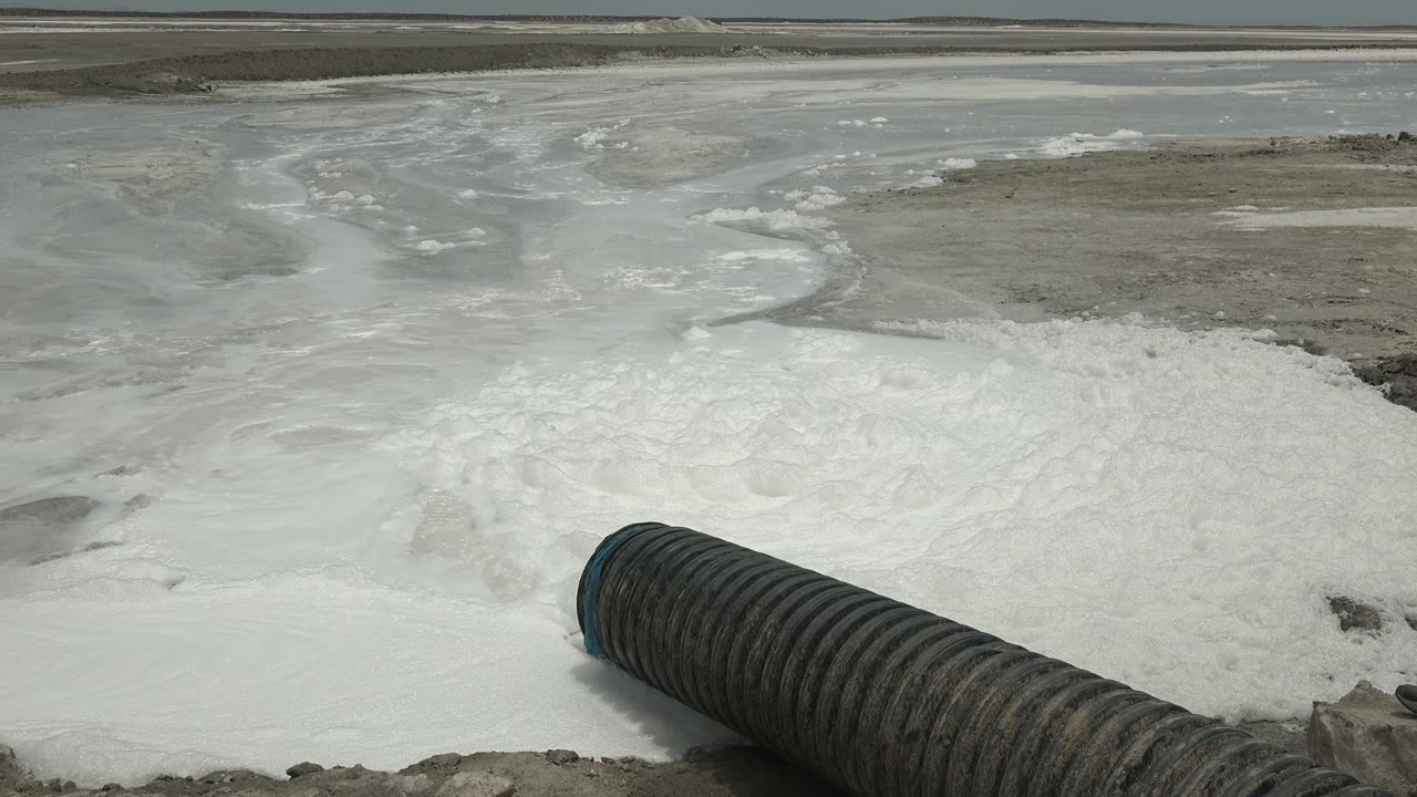 Foamy white substance spreading from a dark industrial hose.