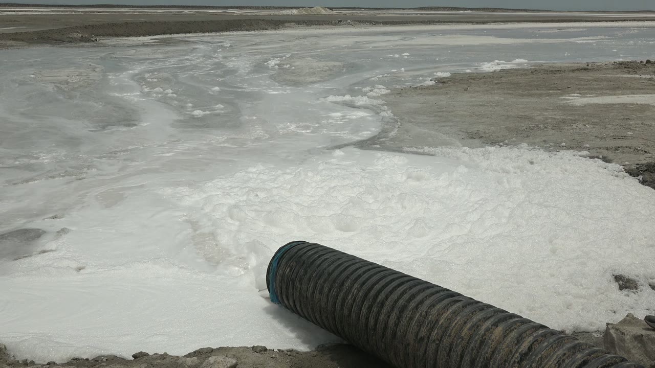 The foreground hose angles into a wide foamy white patch on flat open ground in Guerrero Negro, Baja California Sur, with gray flats beyond and no visible people.