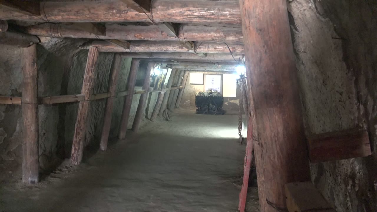 Supported tunnel passage with rough walls and dirt floor