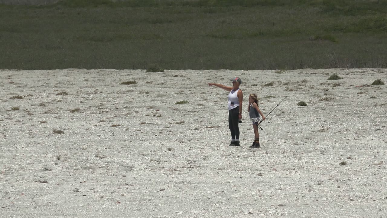 An adult points to the right while standing beside a child holding a stick on a pale pebbly shore in San Carlos, Mexico.