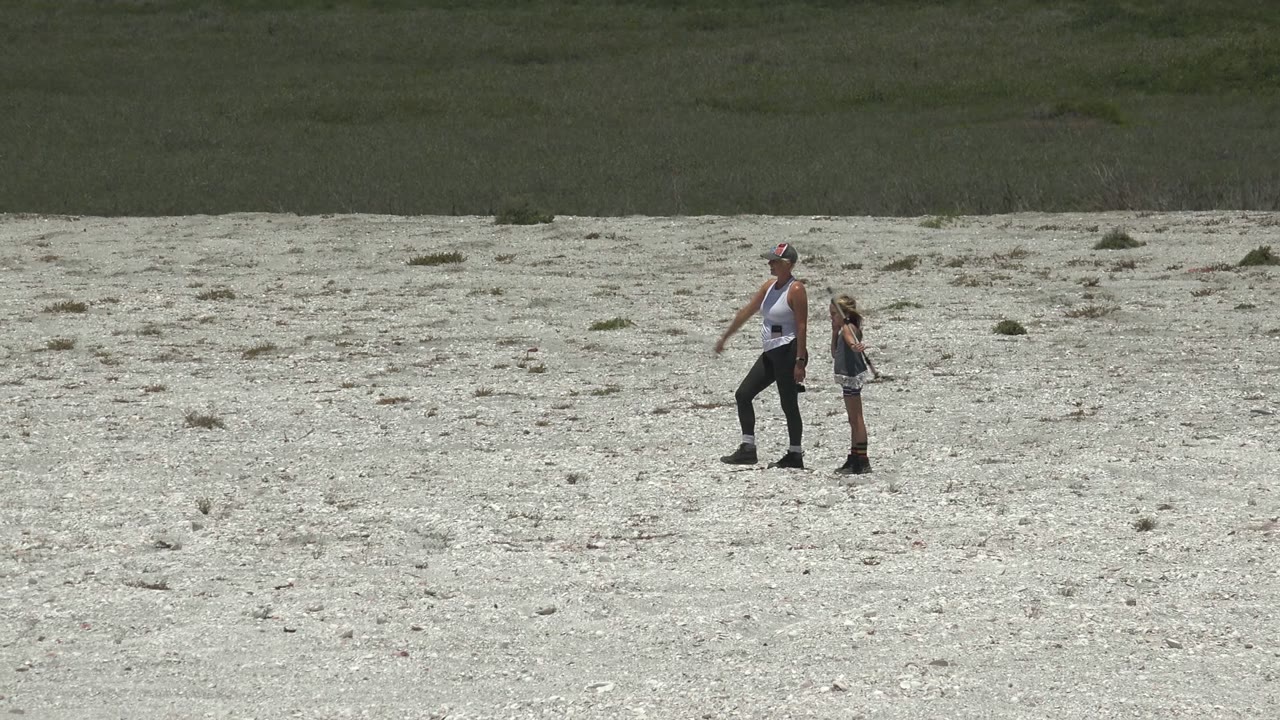 The adult and child start moving across the pale gravel beach, with the child still holding the stick and dark vegetation behind them.