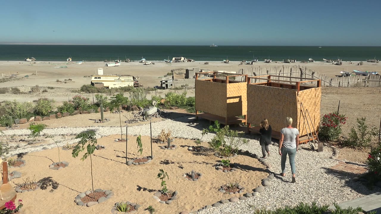 Two adults move toward the side of the wooden beach structure in San Juanico, with desert planting in front and the ocean horizon behind.