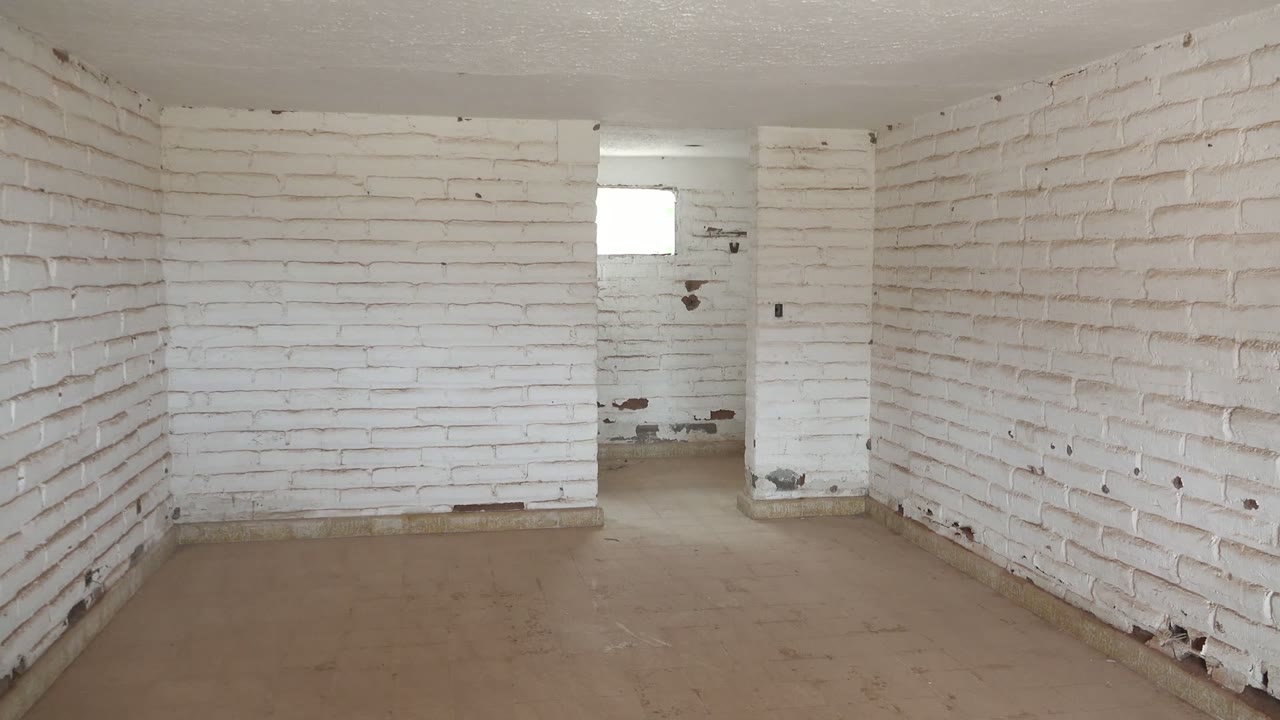 White brick corner wall in an empty room with a rear window.