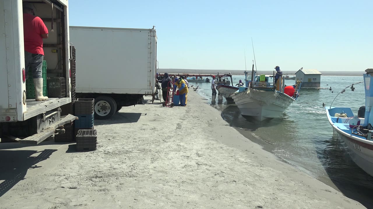 At La Bocana, Baja California Sur, a white box truck stands beside a sandy dock while people gather near small boats at the waterline.