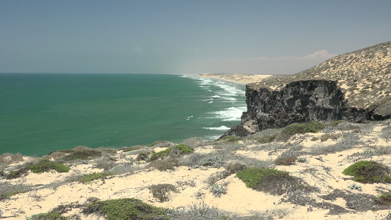 San Quintin BC Mexico desert shoreline with green-blue ocean to the left, a black rock face near the right edge, sandy scrub in front, and no visible people.
