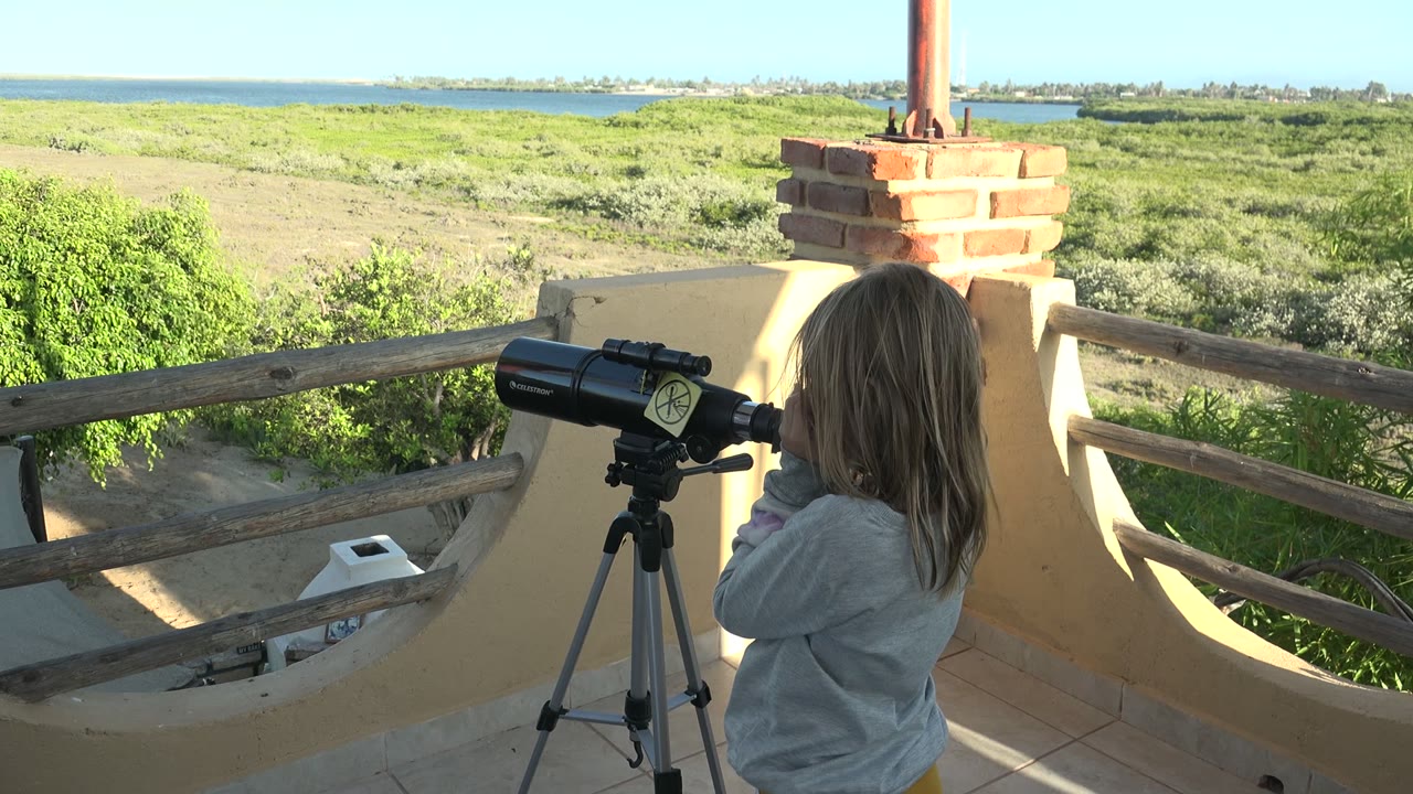 A child in a gray shirt stands at a black tripod telescope on a tan outdoor platform in San Carlos, Baja California Sur, with green vegetation and water in the distance.