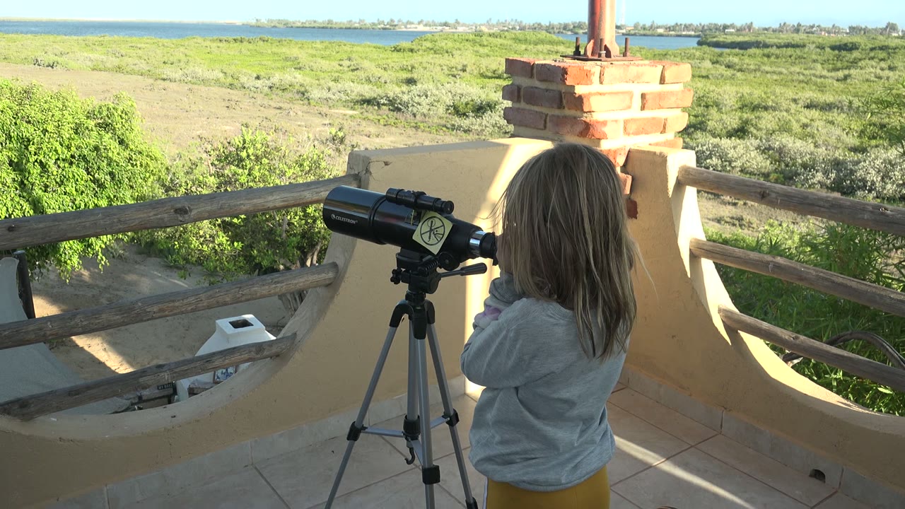 Child beside a telescope with railing and coastal vegetation beyond