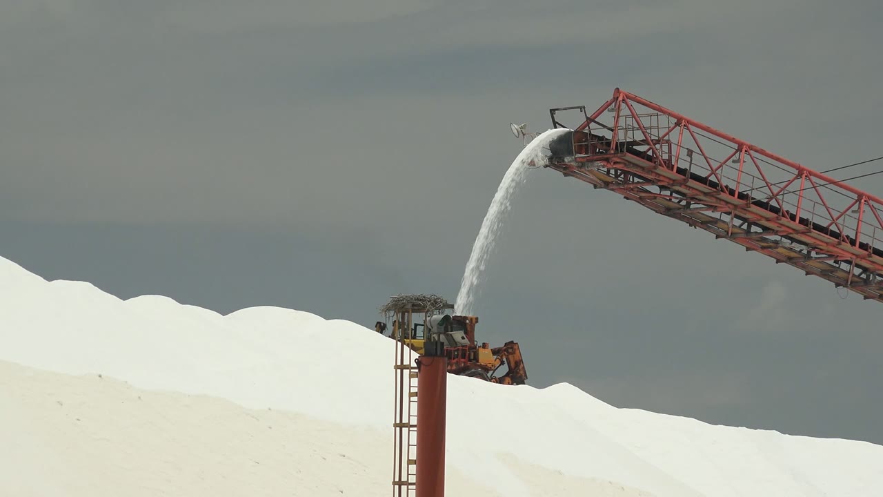 At 0:00 in Guerrero Negro, Baja California Sur, a red conveyor drops white material onto a high pale mound beneath an overcast gray sky, with no visible people.