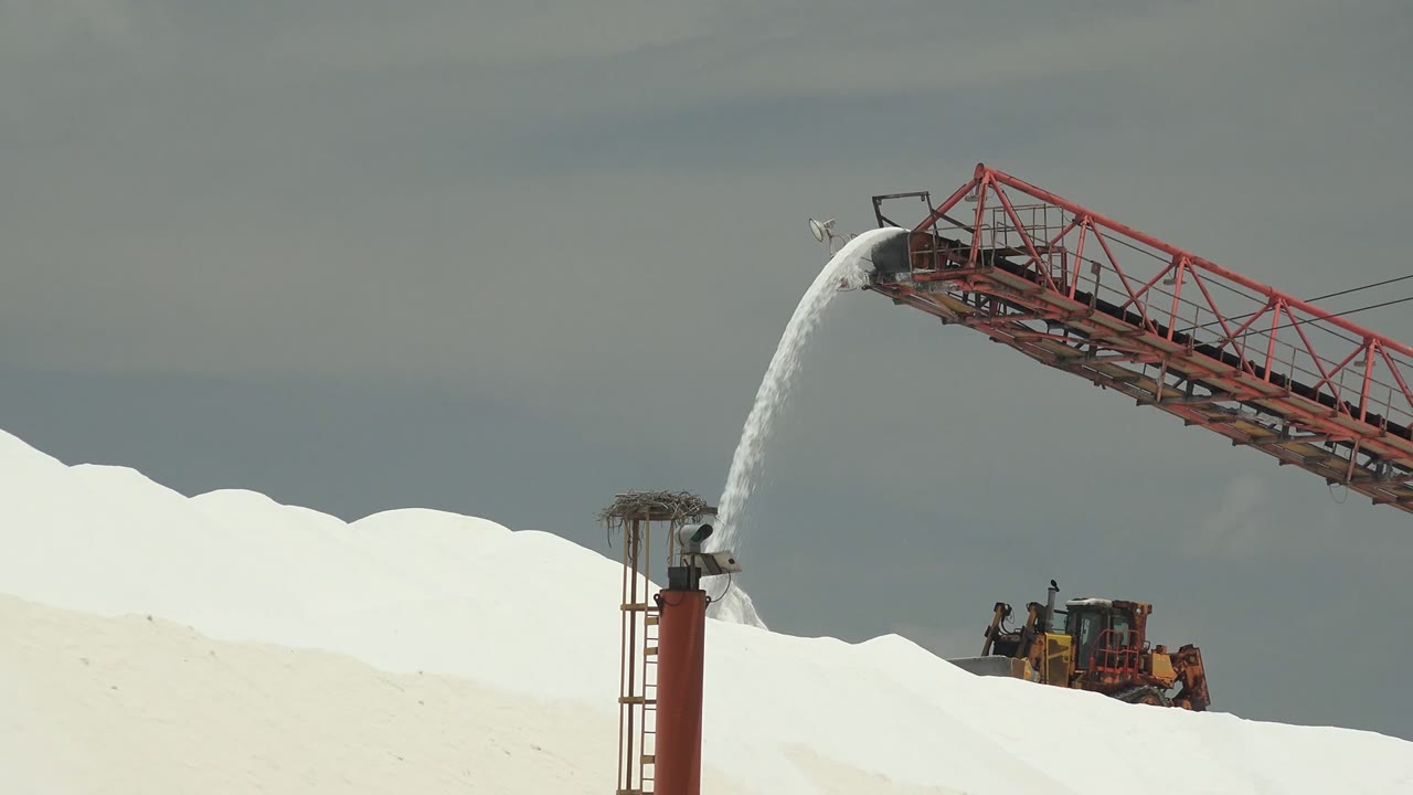Red conveyor belt unloads white salt onto a large pile in Guerrero Negro, Baja California Sur, with a yellow vehicle and distant workers partly visible below the discharge point.